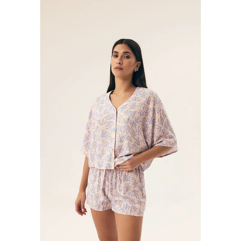 Pyjama femme confort élégance nuit coton imprimé organique pastel beige set Size 208598 Henderson