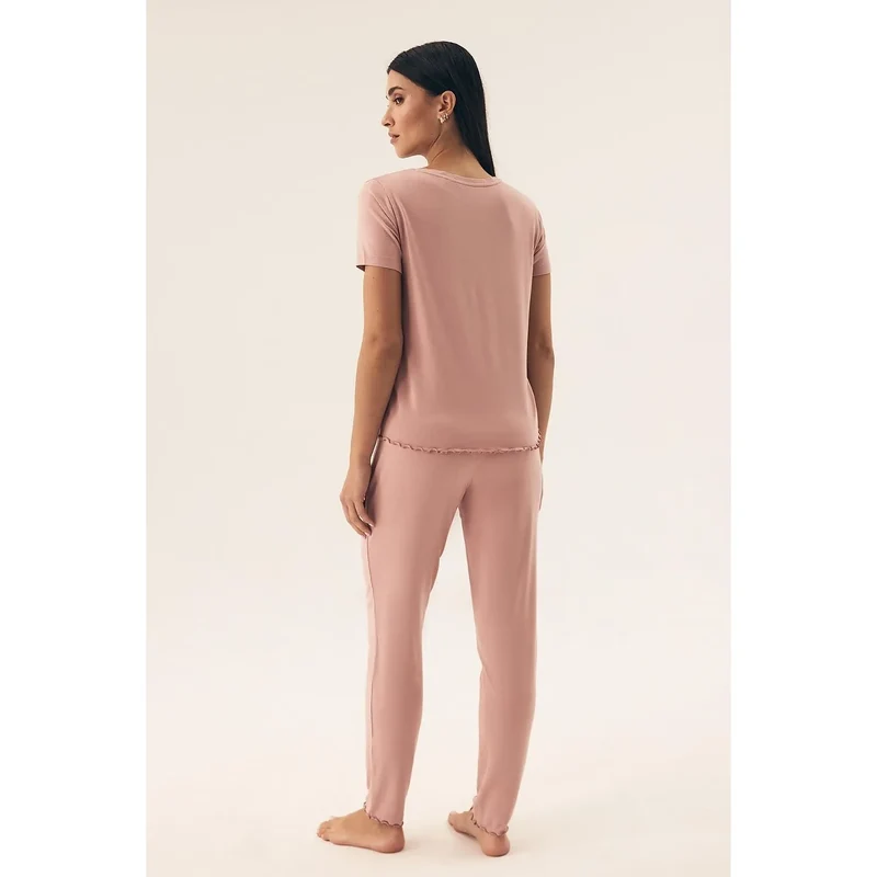 Pyjama femme confort élégance model Henderson 208596 tissu doux aéré coupe ample manches courtes décolleté V volant pantalon long ceinture élastique détente maison