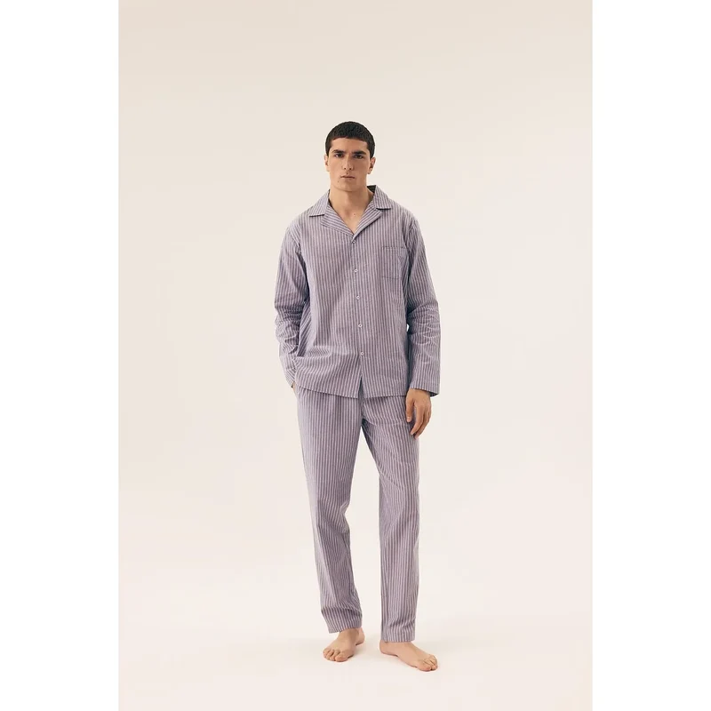 Pyjama homme élégant confortable classique rayures bleues coton doux chemise manches longues pantalon taille élastique