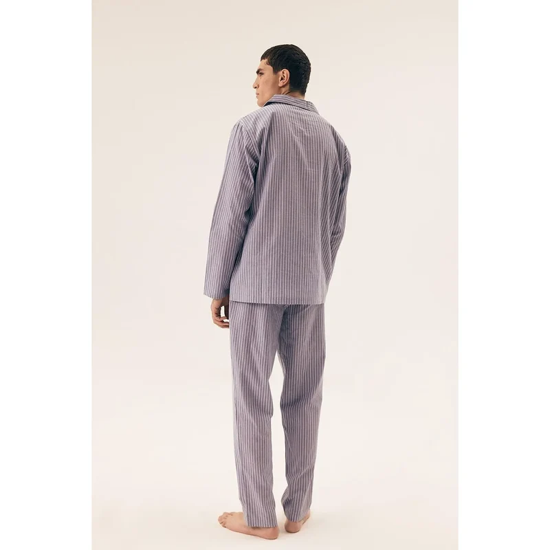 Pyjama homme élégant confortable classique rayures bleues coton doux chemise manches longues pantalon taille élastique