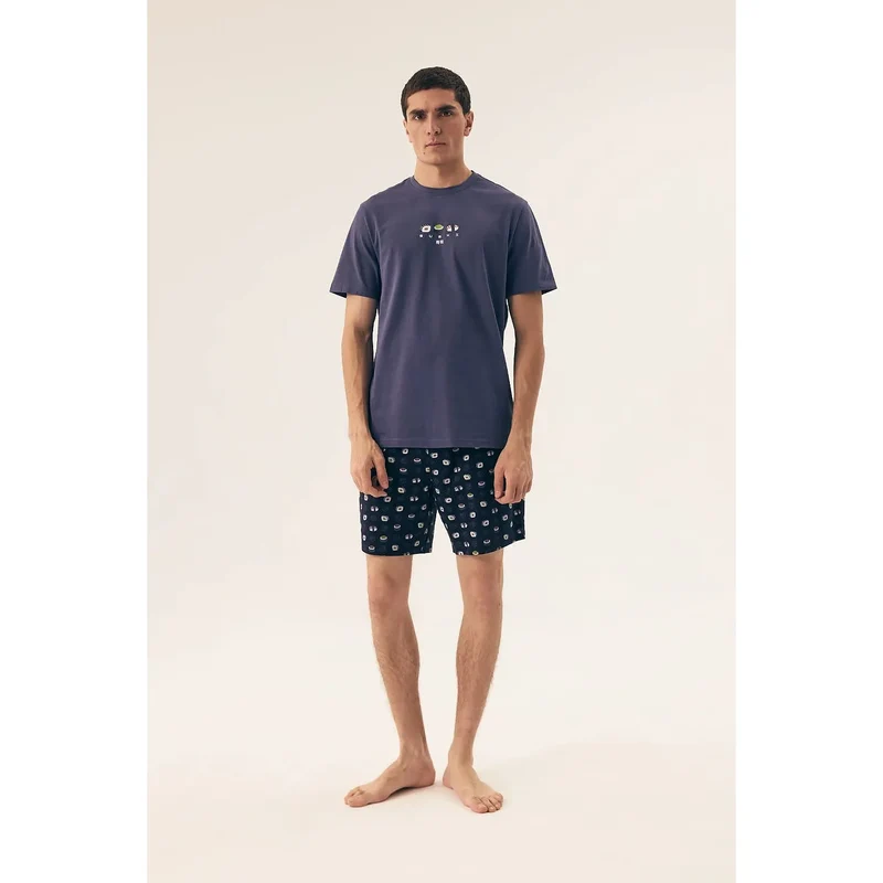 pyjama homme confortable décontracté haut manches courtes col rond bleu marine short ample motif blanc coton respirant hypoallergénique