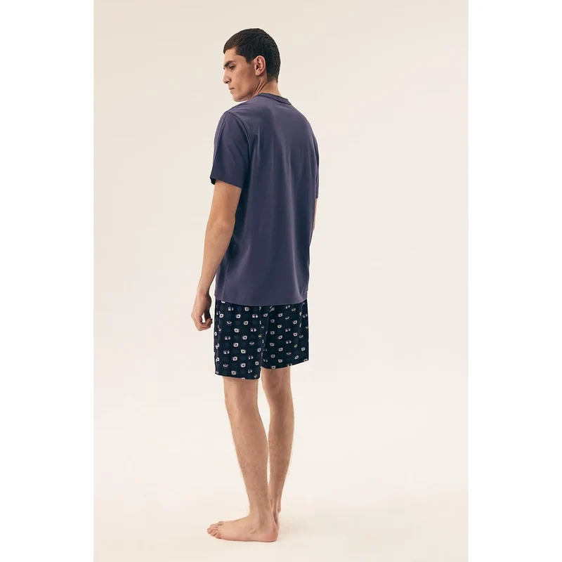 pyjama homme confortable décontracté haut manches courtes col rond bleu marine short ample motif blanc coton respirant hypoallergénique