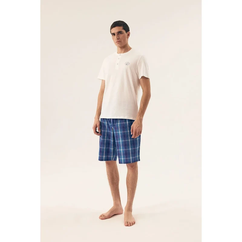 Pyjama homme confort intime Henderson model 208073 t-shirt court col rond boutons pression short carreaux bleu coton doux détente nuit
