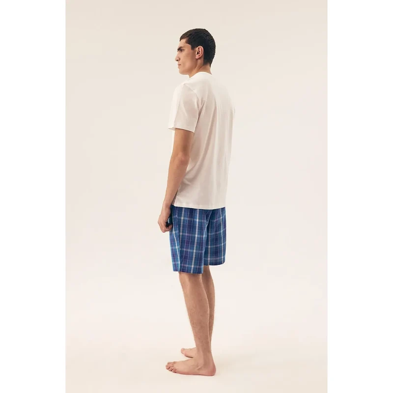 Pyjama homme confort intime Henderson model 208073 t-shirt court col rond boutons pression short carreaux bleu coton doux détente nuit