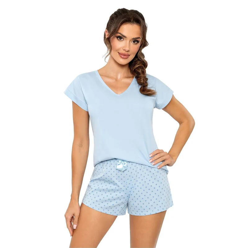 Pyjama femme coton doux ensemble chemisier short décolleté en V motifs pois bleus idéal nuits chaudes lingerie confortable