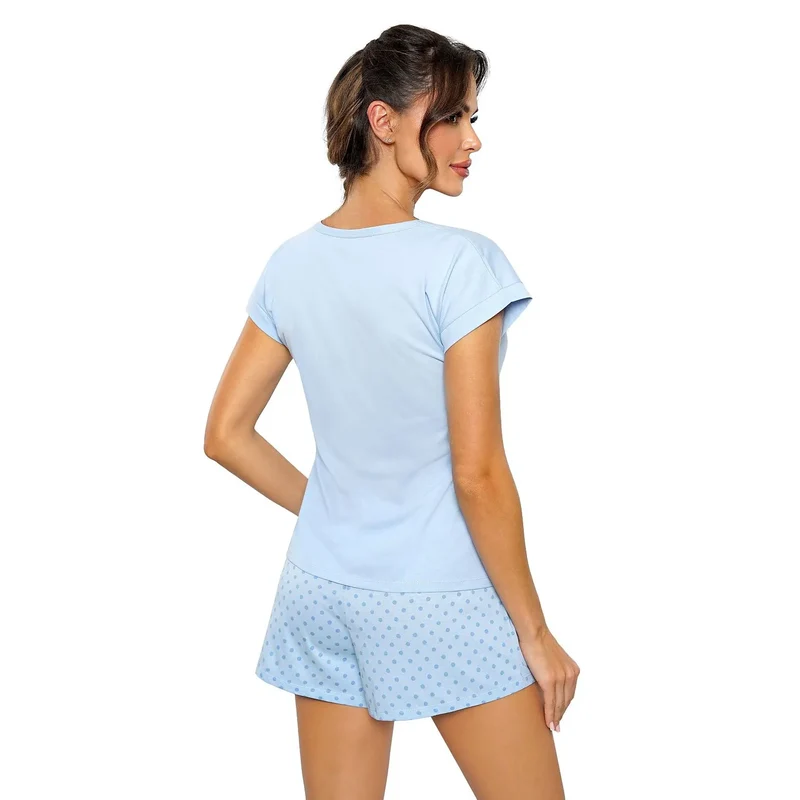 Pyjama femme coton doux ensemble chemisier short décolleté en V motifs pois bleus idéal nuits chaudes lingerie confortable