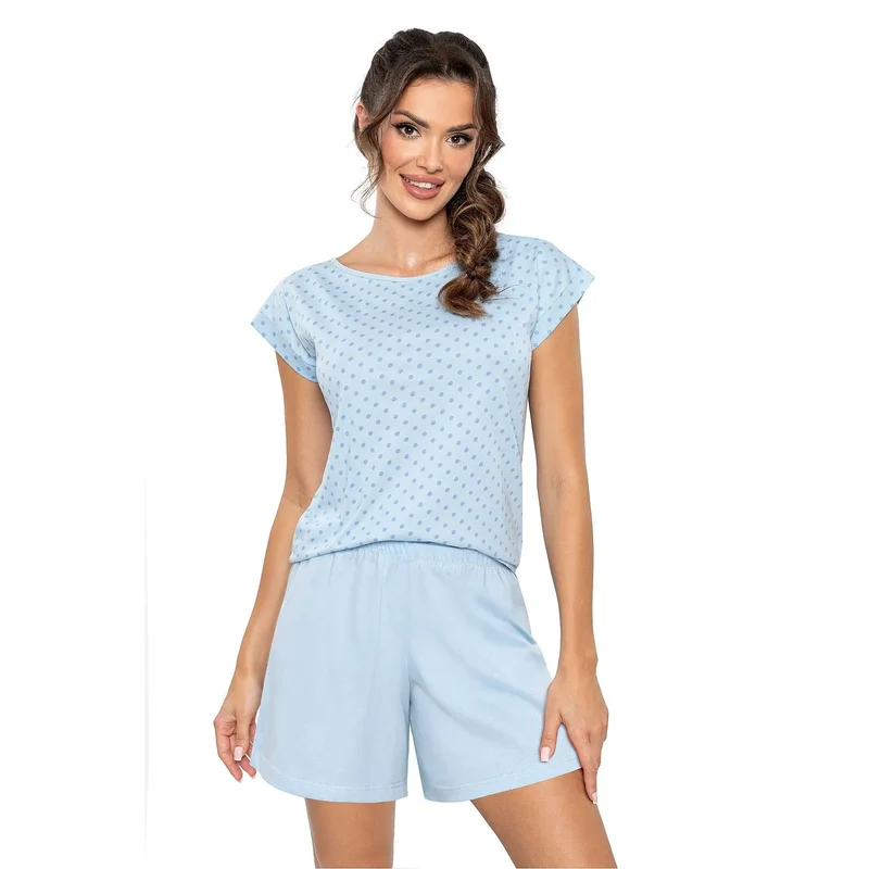 pyjama sexy femme coton doux respirant confortable hypoallergénique élégant manches courtes col rond shorts bleu clair imprimé pois taille élastique