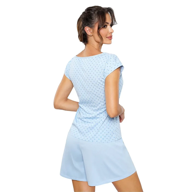 pyjama sexy femme coton doux respirant confortable hypoallergénique élégant manches courtes col rond shorts bleu clair imprimé pois taille élastique