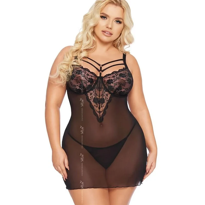Ensemble sexy lingerie dentelle noire babydoll épaules décolleté en mesh transparent collections Soft Line confiance élégance intimité