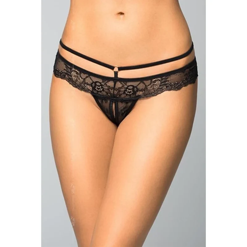 strings dentelle échancrée lingerie sexy féminine élégante confortable noire nylon élasthanne bandes élastiques fines anneau métallisé maintien discret durable quotidien