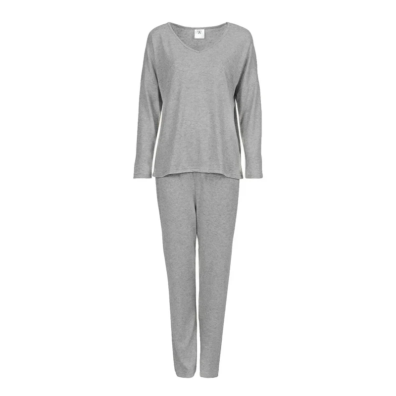 Pyjama en deux pièces pour femme coupé ample manches longues col V tissu doux coton jersey Momenti Per Me