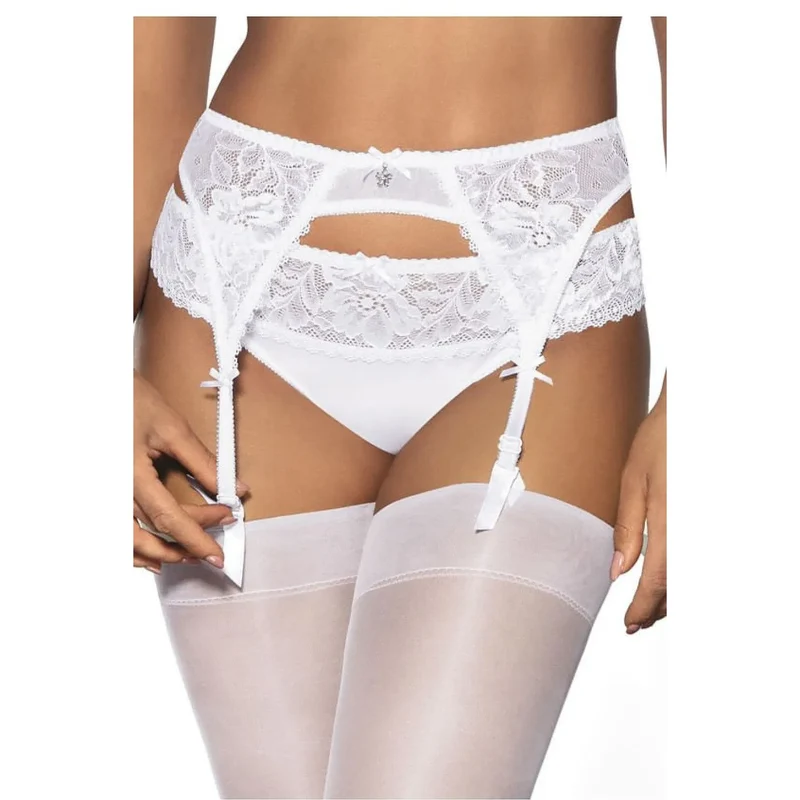 ensemble lingerie sexy élégant raffiné ceinture jarretelles slip bas dentelle blanche florale réglables confortables noeuds légers