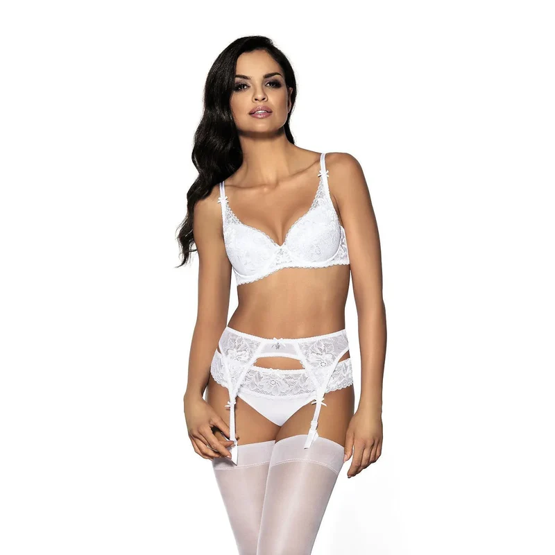ensemble lingerie sexy élégant raffiné ceinture jarretelles slip bas dentelle blanche florale réglables confortables noeuds légers