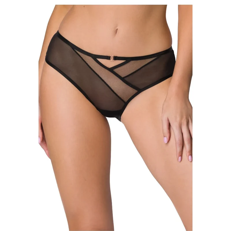 Culotte en mesh transparent noire sensuelle with détails dorés design asymétrique V lingerie féminine confortable taille ajustable morphologies sexy
