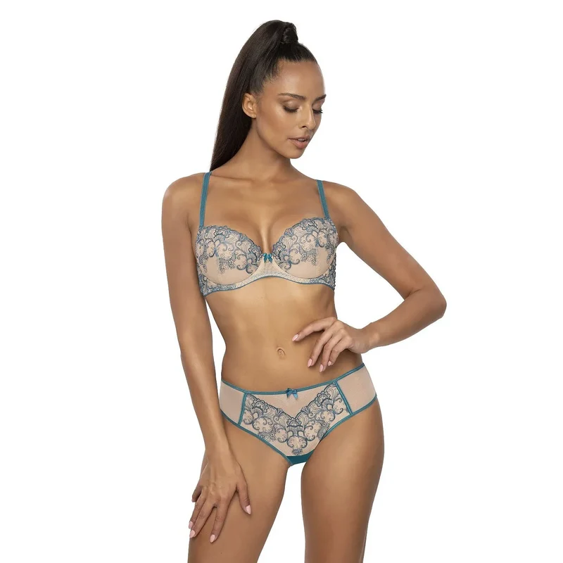 Culotte féminine Maureen S-3808/4 string beige turquoise maille brodée nœud décoratif coton élasthanne polyamide lingerie sexy discrète femmes