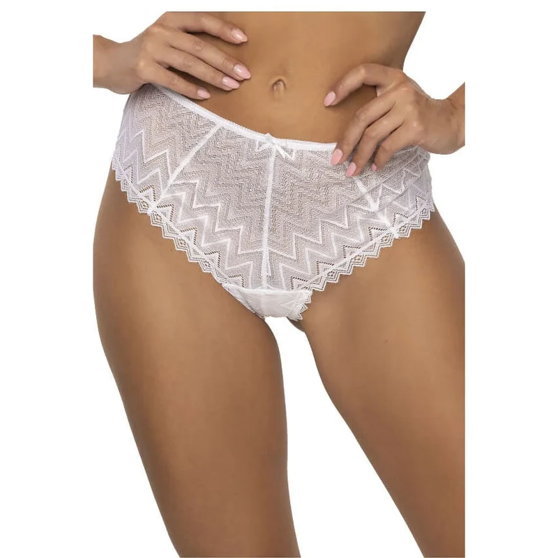 string dentelle motif géométrique blanc coupe taille haute découpe V arrière noeud décoratif bordures frangées transparentes extensible élasthanne polyamide confortable