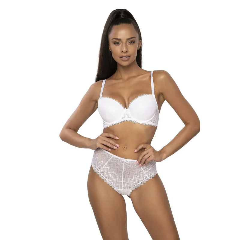 string dentelle motif géométrique blanc coupe taille haute découpe V arrière noeud décoratif bordures frangées transparentes extensible élasthanne polyamide confortable