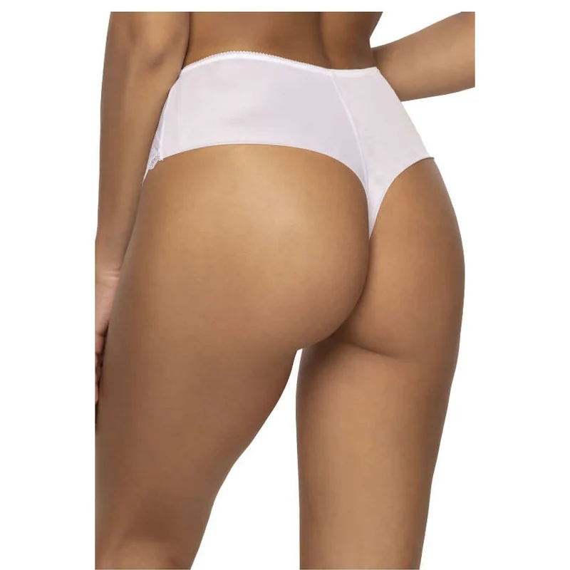 string dentelle motif géométrique blanc coupe taille haute découpe V arrière noeud décoratif bordures frangées transparentes extensible élasthanne polyamide confortable