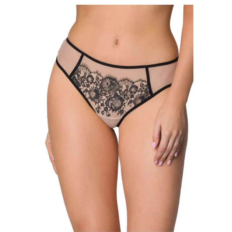 Lingerie féminine élégante et sensuelle culotte en dentelle noire et tulle beige femme érotique lingerie intime sexy