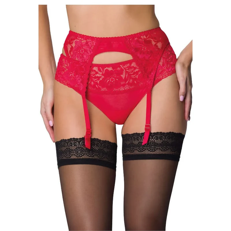 Ensemble de lingerie érotique sexy dentelle florale porte-jarretelles bas transparents ajustables métal sangles couleur rouge vif noir