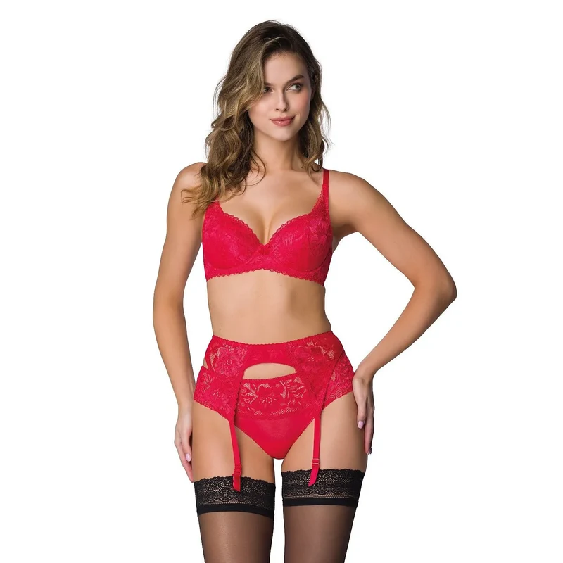 Ensemble de lingerie érotique sexy dentelle florale porte-jarretelles bas transparents ajustables métal sangles couleur rouge vif noir