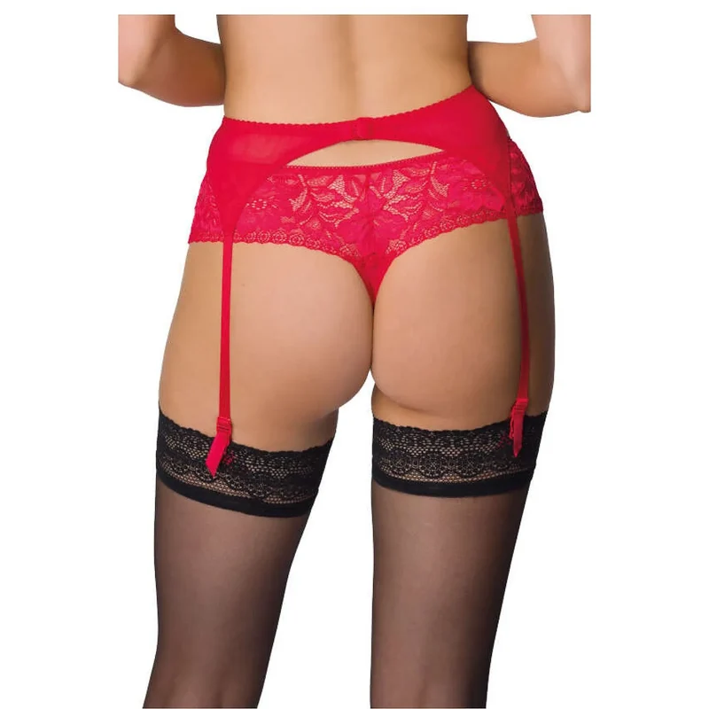 Ensemble de lingerie érotique sexy dentelle florale porte-jarretelles bas transparents ajustables métal sangles couleur rouge vif noir