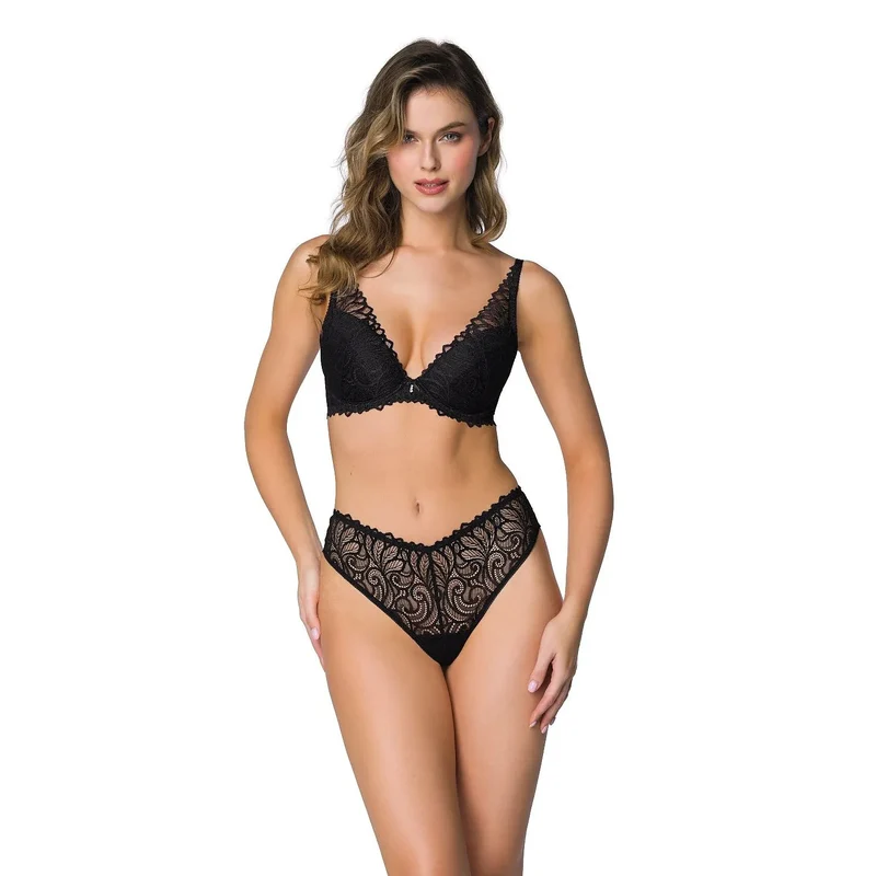 Strings model 204043 Mat - Lingerie érotique dentelle noire motif floral culotte haute sous-vêtement féminin sexy