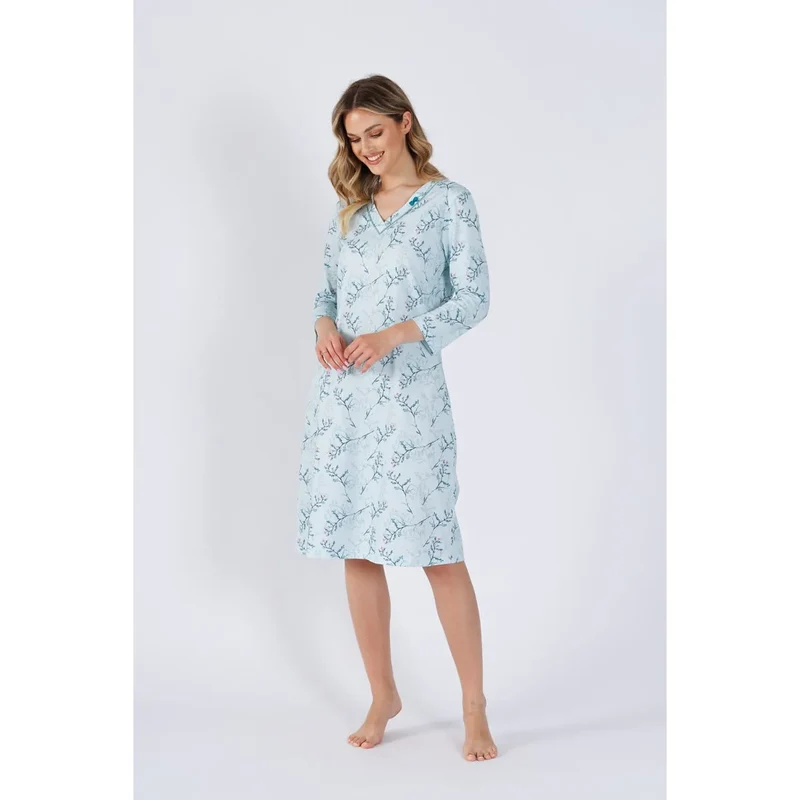 Chemise de nuit élégante en coton floral imprimé longueur mi-mollet encolure V manches longues douce respirante confortable nuit intimité détente