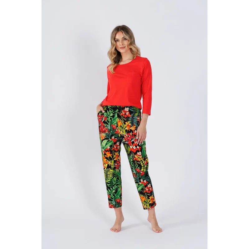 Pyjama femme confort style haut manches 7/8 décolleté semi-circulaire pantalon motif floral tropical coton polyester ample poches élastique