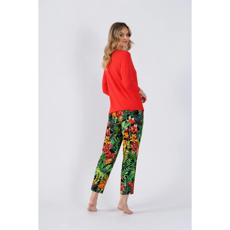 Pyjama femme confort style haut manches 7/8 décolleté semi-circulaire pantalon motif floral tropical coton polyester ample poches élastique