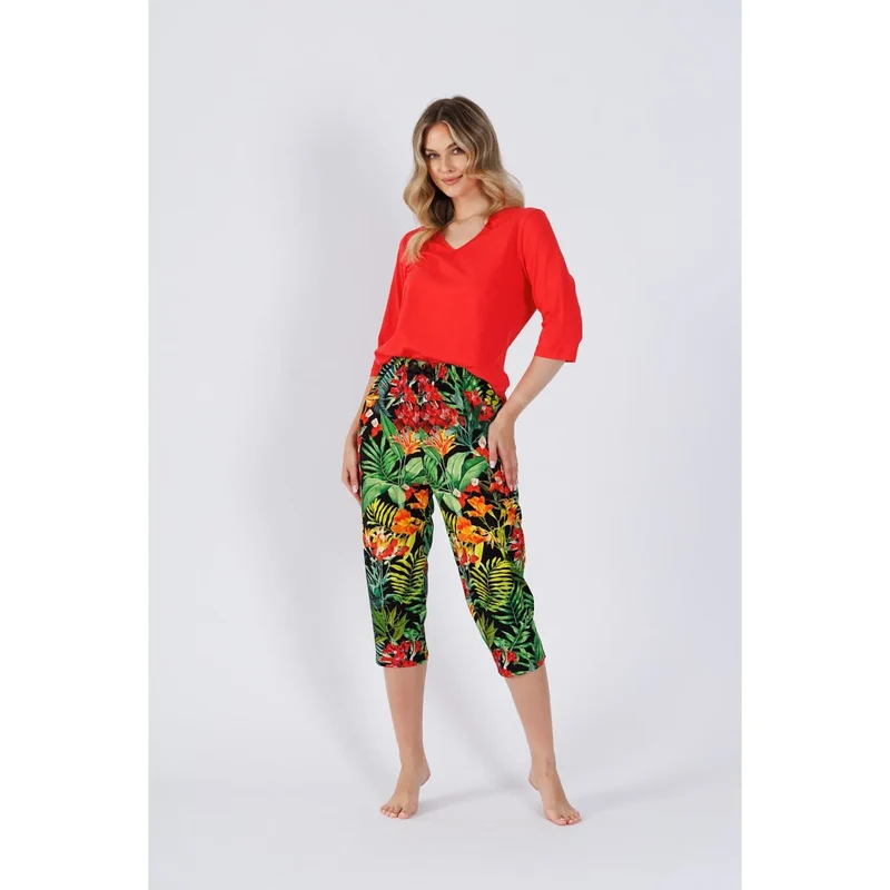 Pyjama femme élégance confort haut manches troisquarts col V pantalon capri tropical imprimé vibrant rouge vert taille élastique noeud décoratif