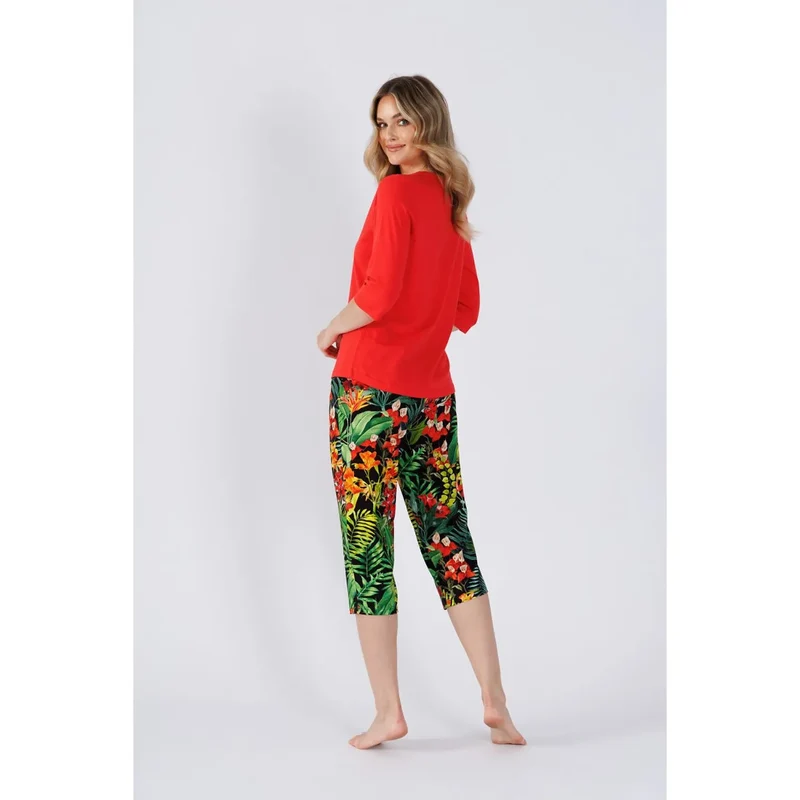 Pyjama femme élégance confort haut manches troisquarts col V pantalon capri tropical imprimé vibrant rouge vert taille élastique noeud décoratif
