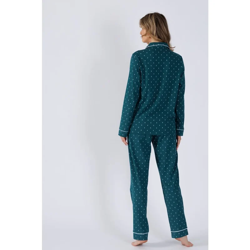 Pyjama satin vert canard manches longues boutons poches passepoils contrastants blanc crème chemise pantalon taille élastique coupe ample tissu doux