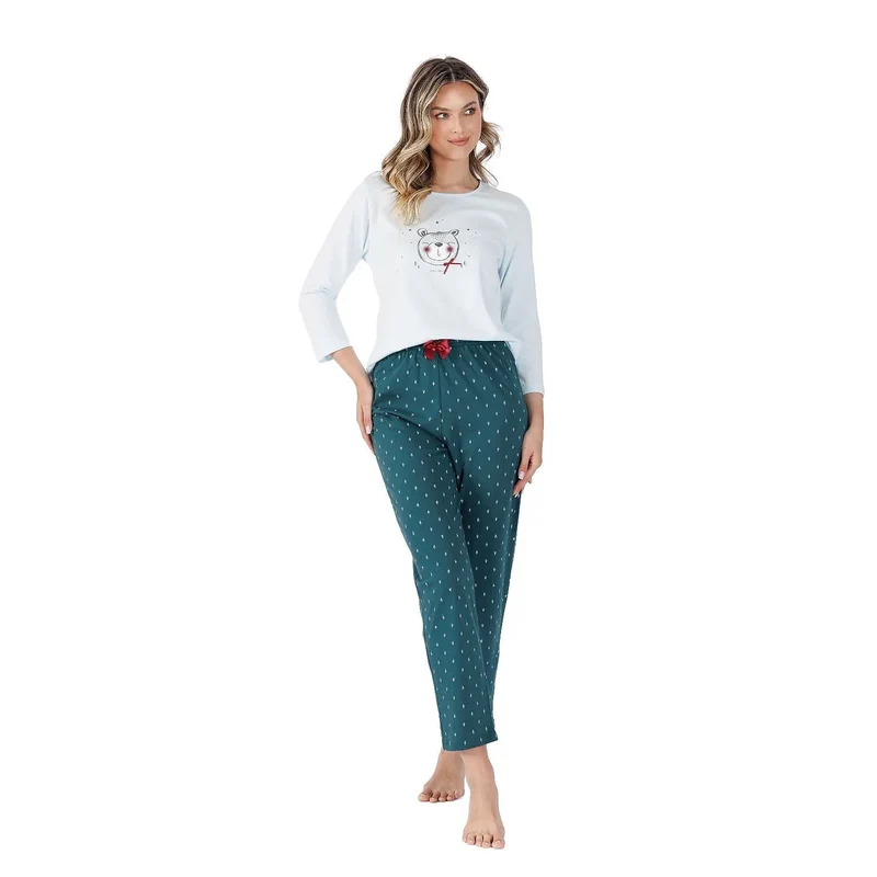 pyjama féminin coton biologique doux respirant hypoallergénique manches trois quarts pantalon long imprimé charmant ceinture élastique noeud décoratif