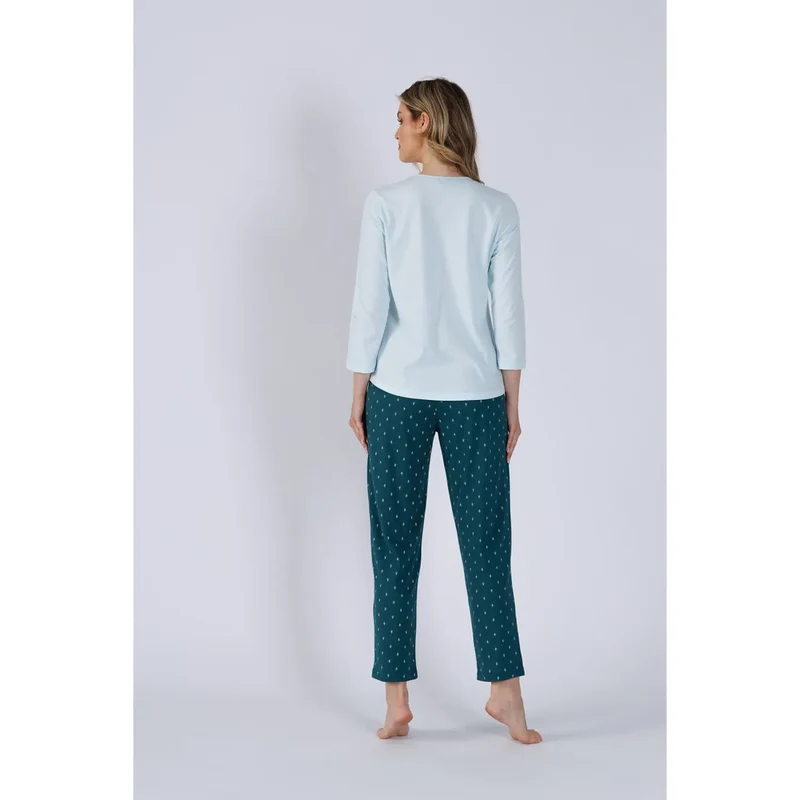 pyjama féminin coton biologique doux respirant hypoallergénique manches trois quarts pantalon long imprimé charmant ceinture élastique noeud décoratif