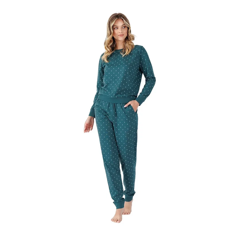 Pyjama doux et respirant pour femme en tissu imprimé décolleté semi-circulaire manches longues poches latérales taille élastique