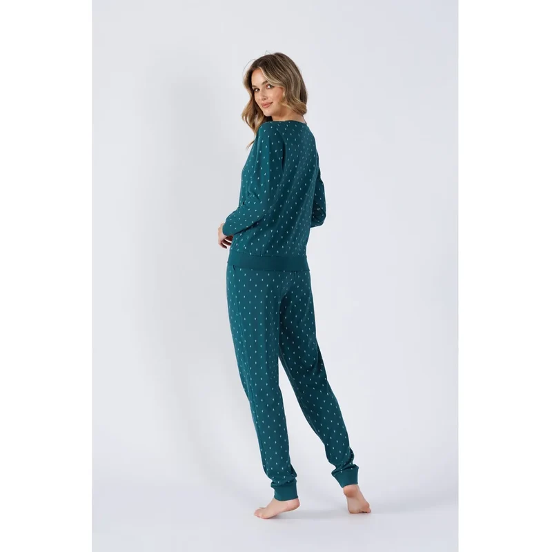 Pyjama doux et respirant pour femme en tissu imprimé décolleté semi-circulaire manches longues poches latérales taille élastique