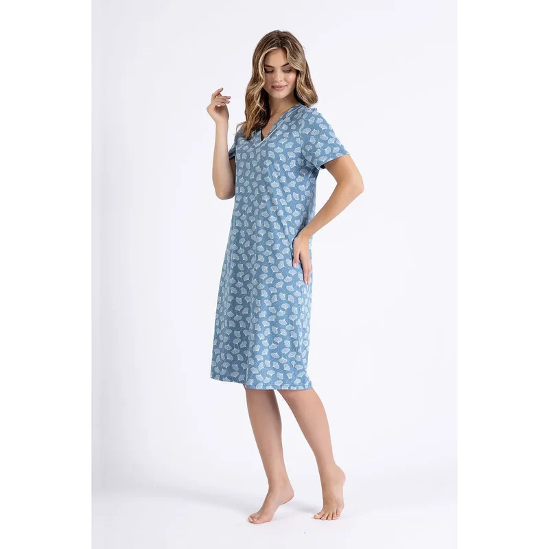 chemise nuit tricot élégante confortable décolleté V finitions subtiles passepoil coupe ample manches courtes tissu doux aéré impression délicate