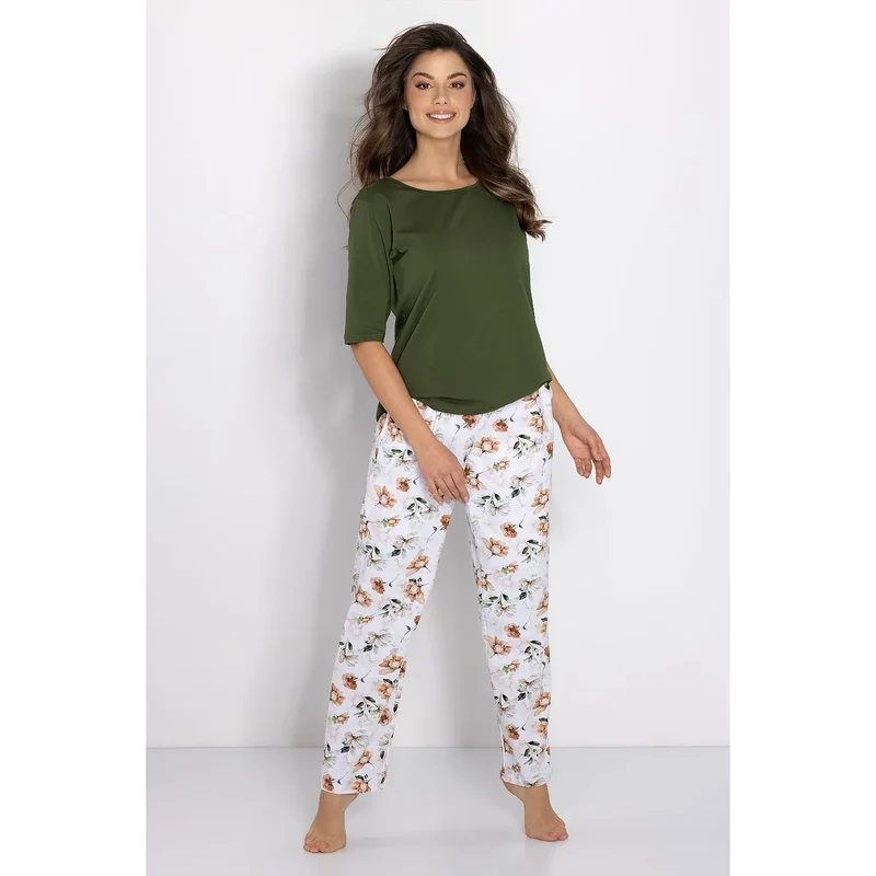 pyjama féminin confortable élégant deux pièces haut manches trois quarts col rond pantalon poches latérales taille élastique vert olive floral