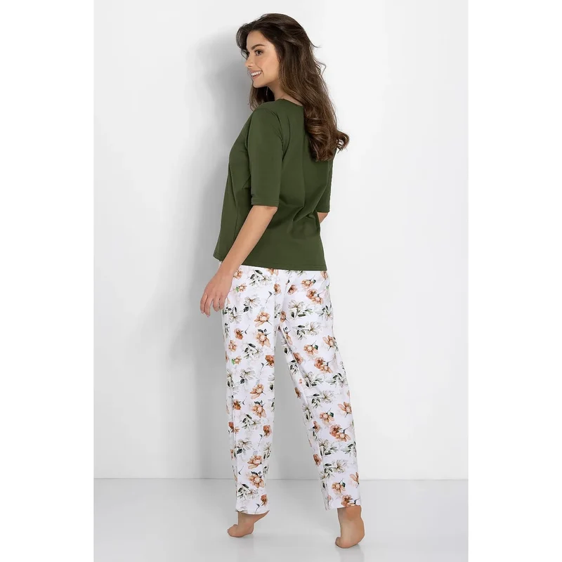 pyjama féminin confortable élégant deux pièces haut manches trois quarts col rond pantalon poches latérales taille élastique vert olive floral
