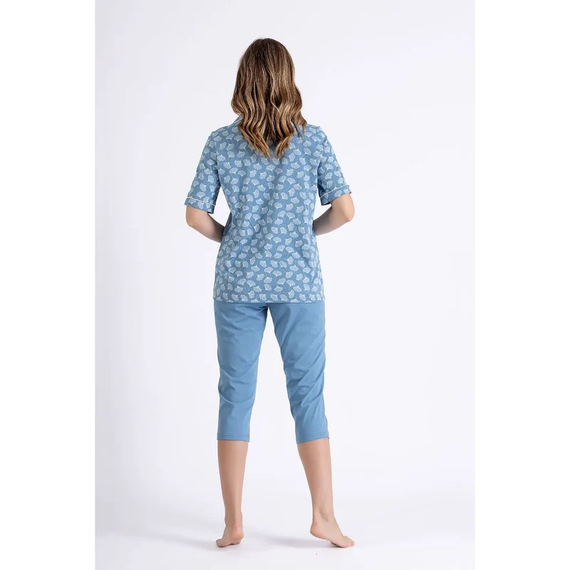 Pyjama femme élégant 199584 M-Max chemise manches courtes col V cœurs blancs pantalon capri bleu doux confort détente maison