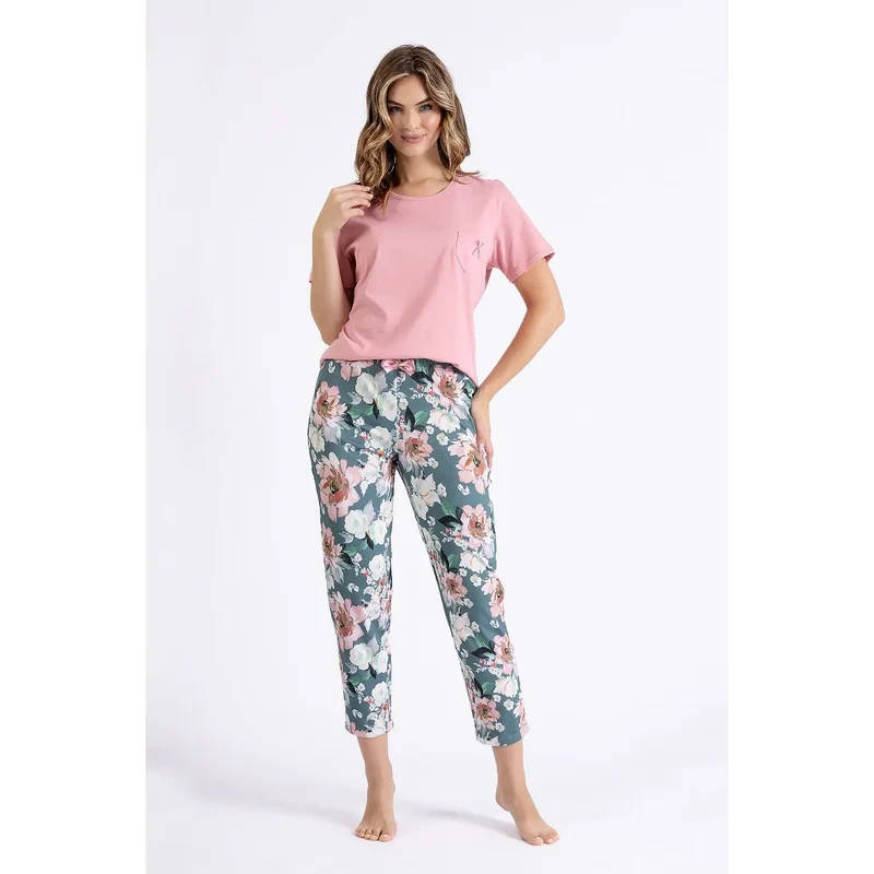 Pyjama femme floral 3/4 rose pantalon col rond manches courtes poche latérale doux coton bio lingerie confort intime détente à domicile