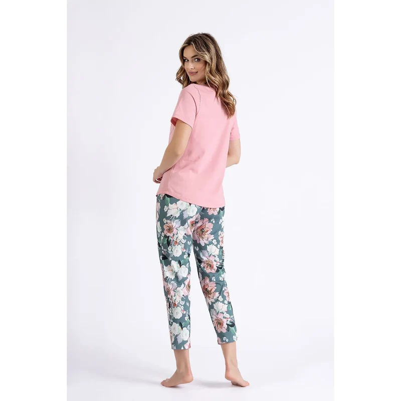Pyjama femme floral 3/4 rose pantalon col rond manches courtes poche latérale doux coton bio lingerie confort intime détente à domicile