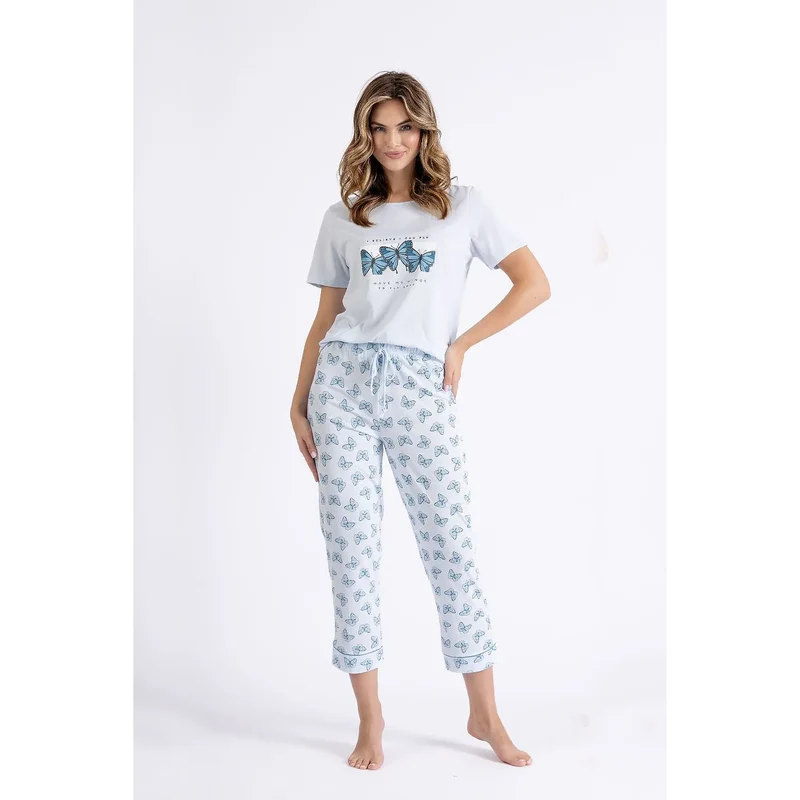 Pyjama Femme Confort Style Papillons Bleu Doux Respirant T-shirt Court Manches Courtes Shorts 7/8 Élastique Élégant Sac Cadeau Intime Détente