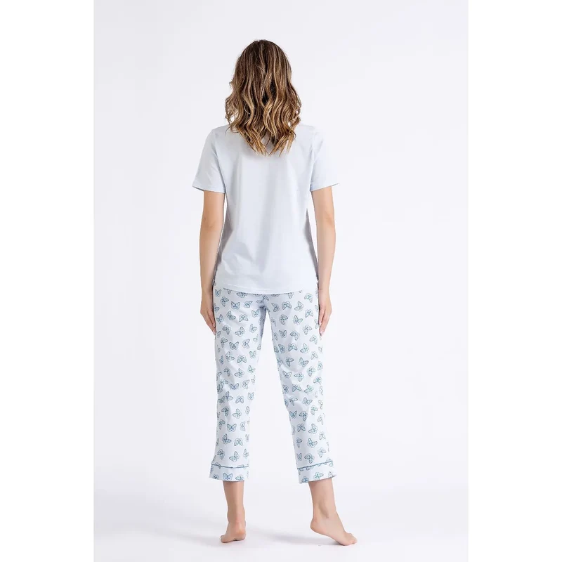 Pyjama Femme Confort Style Papillons Bleu Doux Respirant T-shirt Court Manches Courtes Shorts 7/8 Élastique Élégant Sac Cadeau Intime Détente