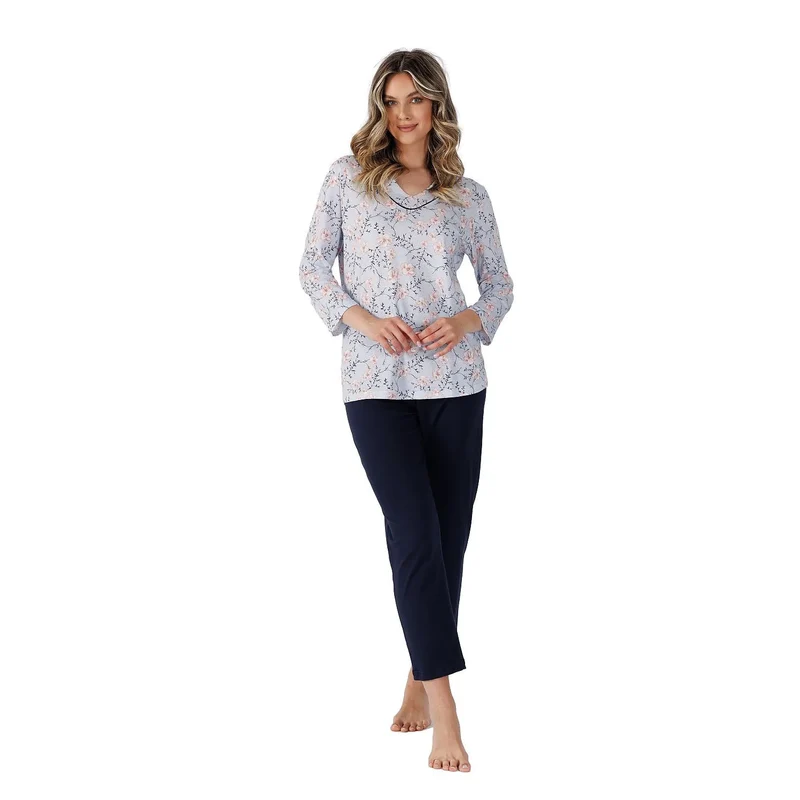 Pyjama Femme Élégance et Confort Pyjama Été Automne Matériaux Doux Légers Design Floral Élégant Manches Longues Pantalon Marine Foncé