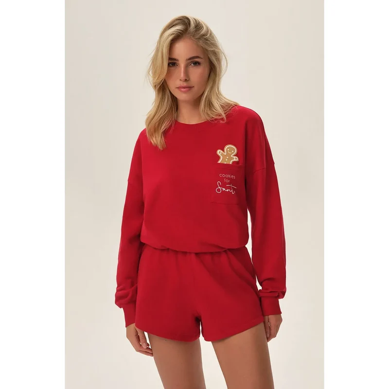 Pyjama femme doux coton 100% confortable chemise manches longues poche motif Noël shorts courts doublé en coton doux