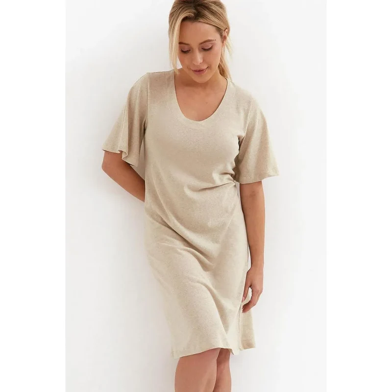 Chemise de nuit élégante viscose lin 5% élasthanne manches courtes larges encolure grande couleur beige taille S M L XL XXL XXXL