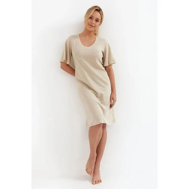Chemise de nuit élégante viscose lin 5% élasthanne manches courtes larges encolure grande couleur beige taille S M L XL XXL XXXL