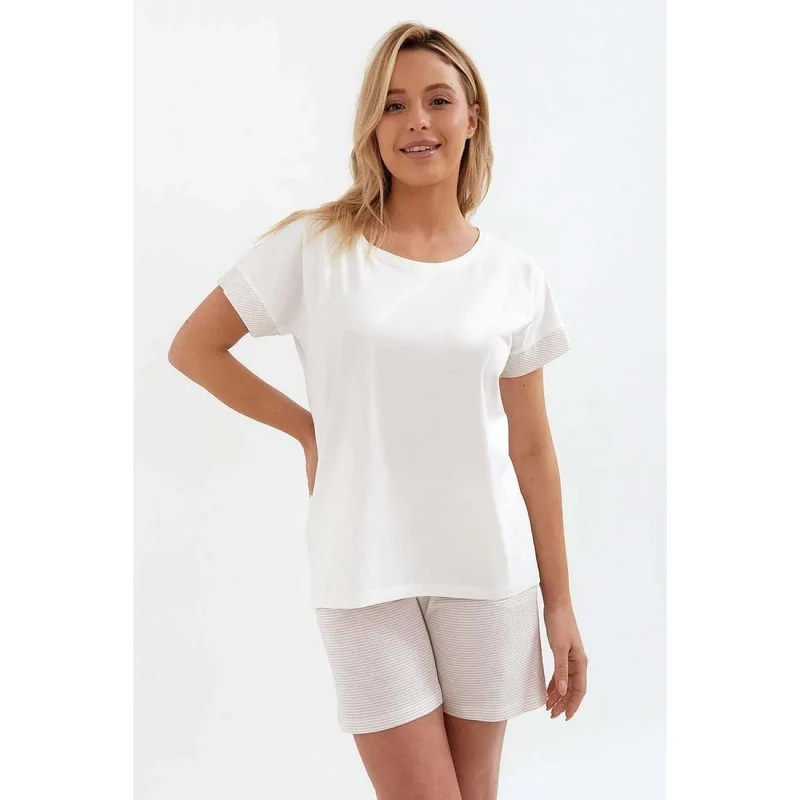 Pyjama femme deux pièces coton高品質 manches courtes rayures short poches détente intime lingerie relaxation domicile
